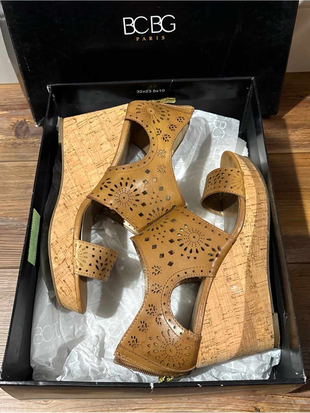BCBG Paris Marilla Cognac Laser-Cut Cork Wedge Sandals